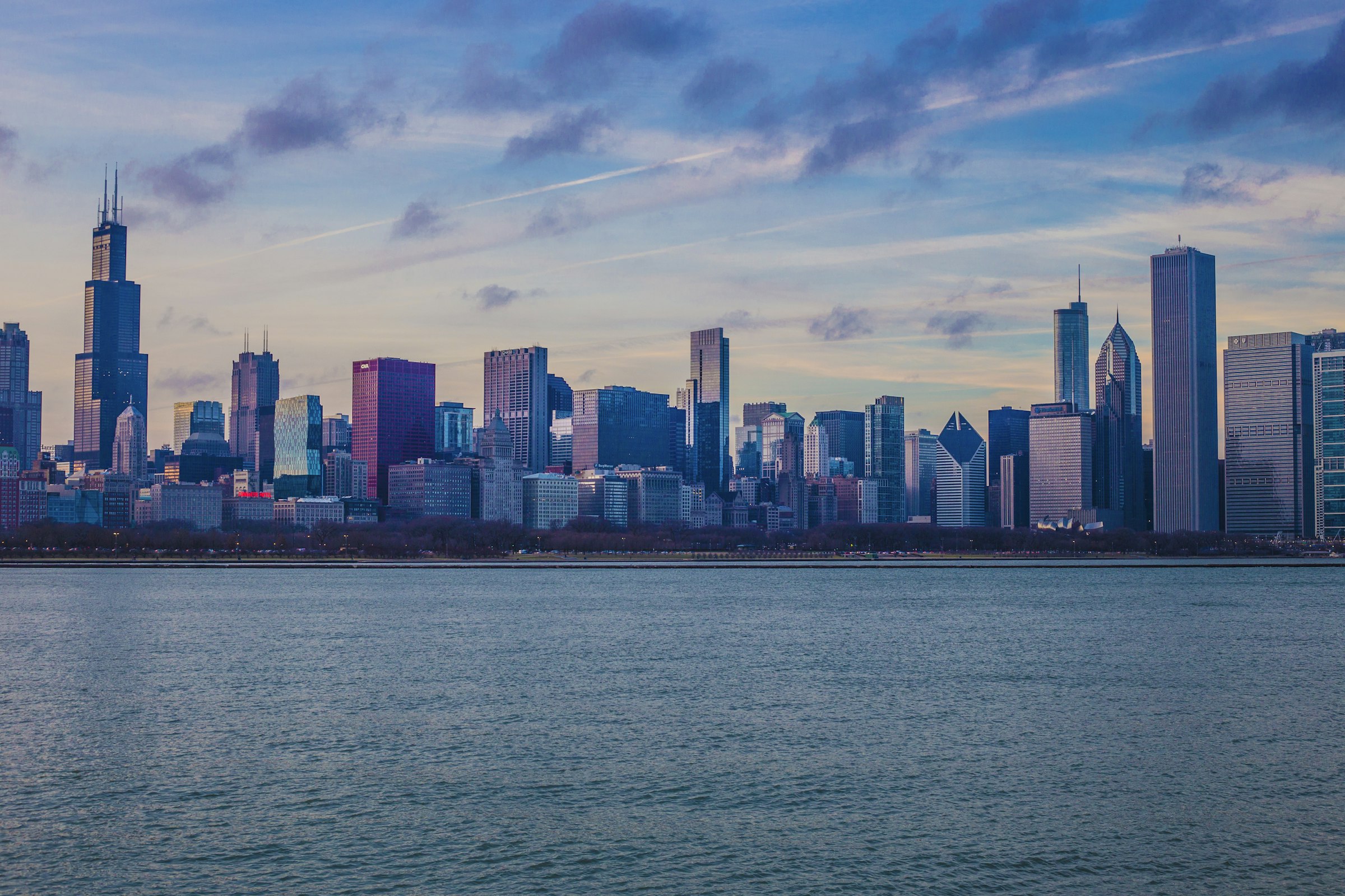 The Chicago skyline seen across Lake Michigan on a clear day.