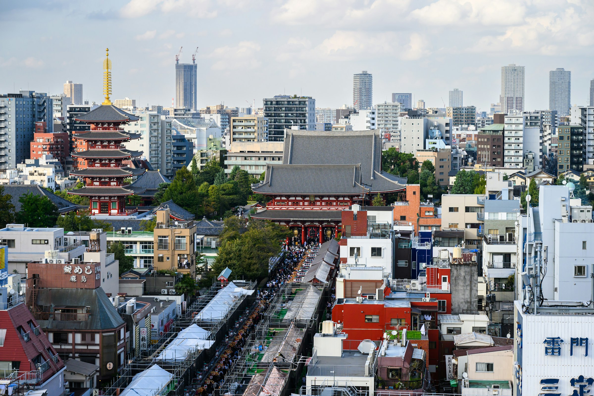 Rooftops of east Tokyo with a train line running through and the Skytree beyond.